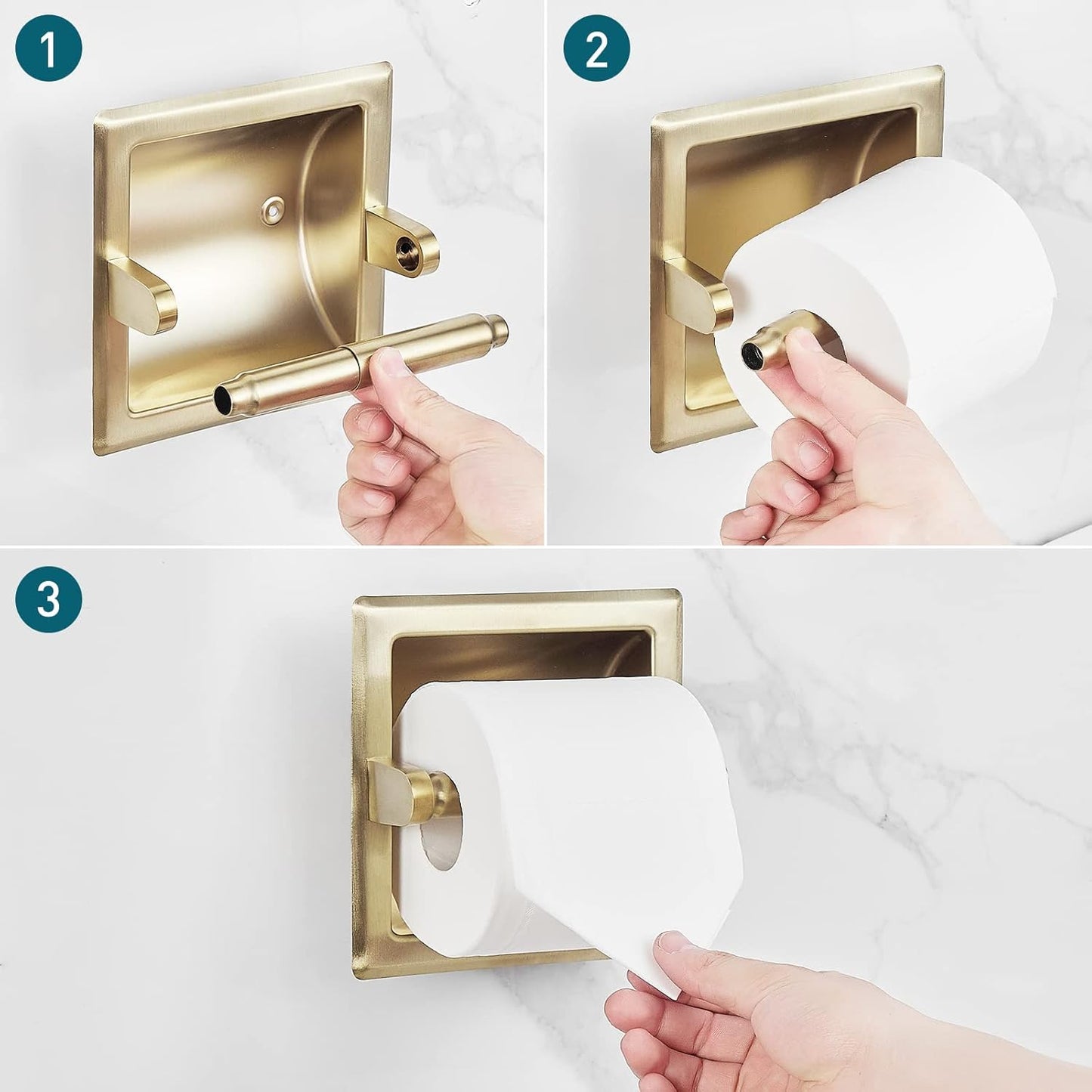 Recessed Toilet Paper Holder in Wall Mounted with Rear Mounting Bracket Stainless Steel Heavy Duty Brushed Gold Finish 6.2x6.2 Square Jumbo Mega Tissue Holder for Bathroom Wall