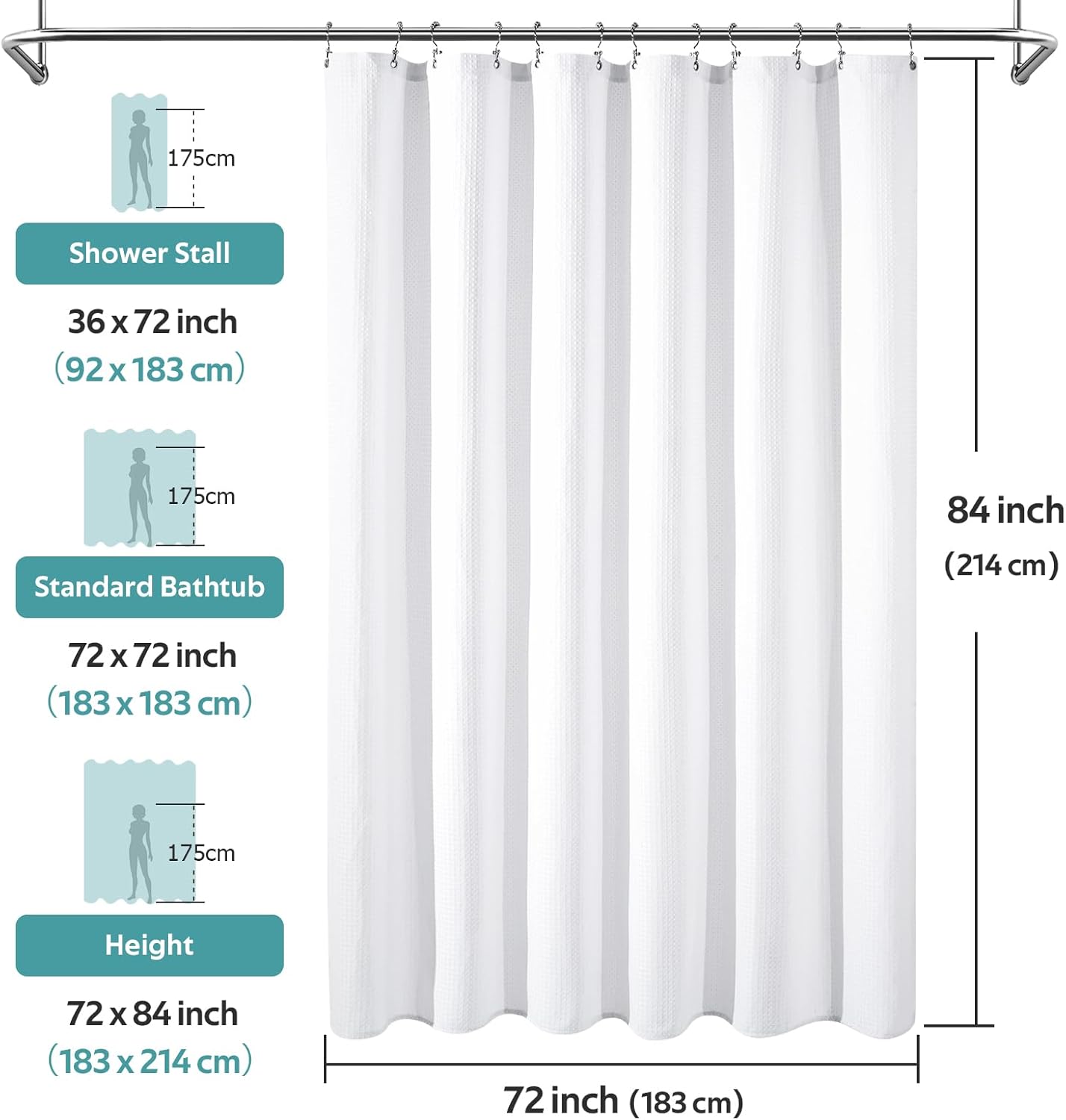 3 in 1 Shower Curtain Set, Waffle Shower Curtain and Liner Set with 12 Double Sided Shower Curtain Hooks, 258GSM Luxury Weighted Cloth Shower Curtains for Bathroom, 72 W x 84 H, White