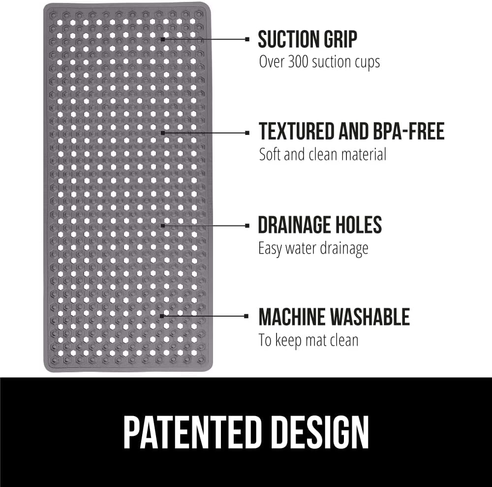 GORILLA GRIP Patented Bath Tub Shower Mat, Machine Washable Bathtub Floor Liner Mats, Suction Cups and Drain Holes to Keep Tubs Clean, Soft on Feet, Bathroom Essentials, 35x16 Inch, Charcoal Opaque