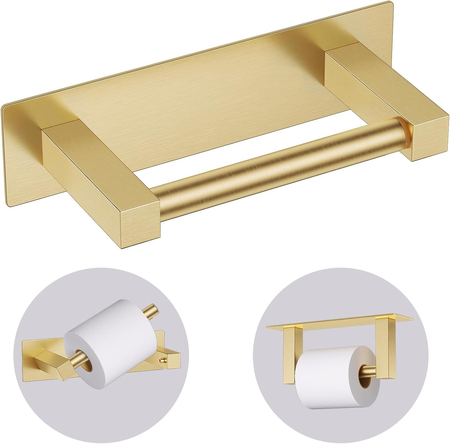 Brushed Gold Self Adhesive Toilet Paper Holder, Stainless Steel Bathroom Toilet Paper Holder Stick On Wall Mount, Commercial Toilet Paper Dispenser Peel and Stick Toilet Paper Holder Adhesive