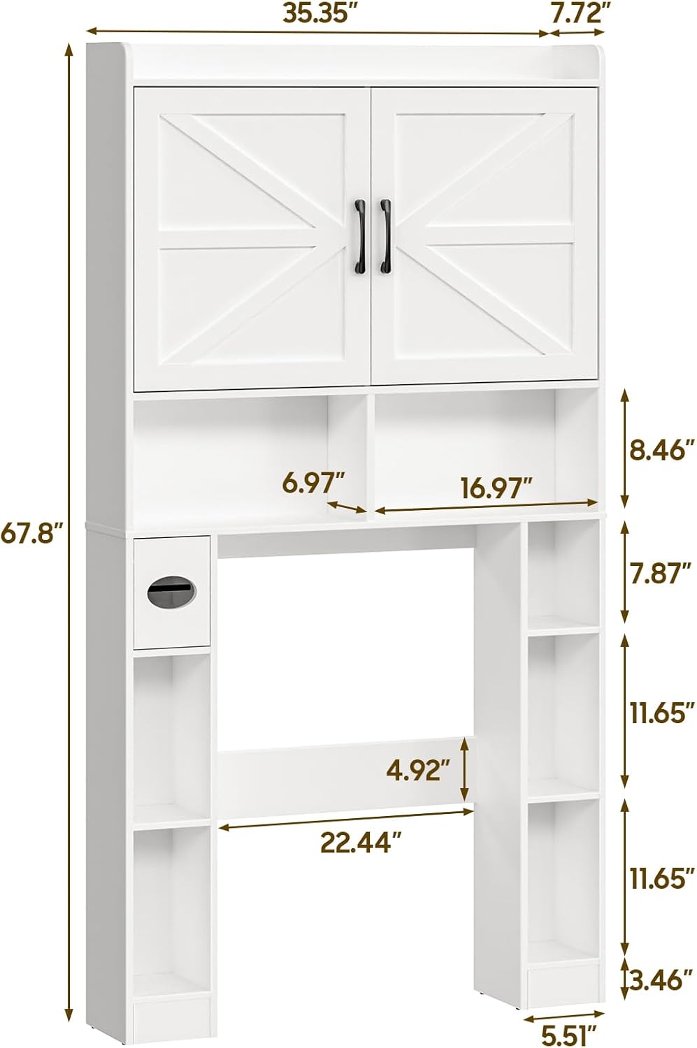 Over The Toilet Storage Cabinet, Farmhouse Toilet Cabinet Rack with Barn Doors, Space Saving Bathroom Organizer with Shelves, Toilet Paper Holder and Towel Rack for Bathroom,Restroom,Laundry（White）