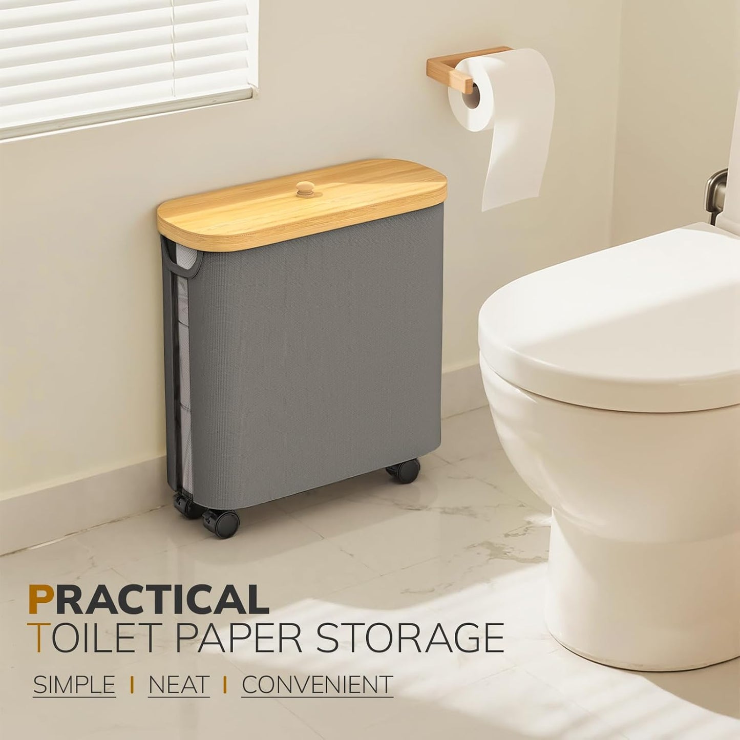 Toilet Paper Storage with Wheel Bamboo Toilet Paper Holder with Lid and Handle Toilet Papers Organizer for Bathroom Free Standing 30L Papers Basket for 9-12 Rolls Bathroom Accessories, Grey