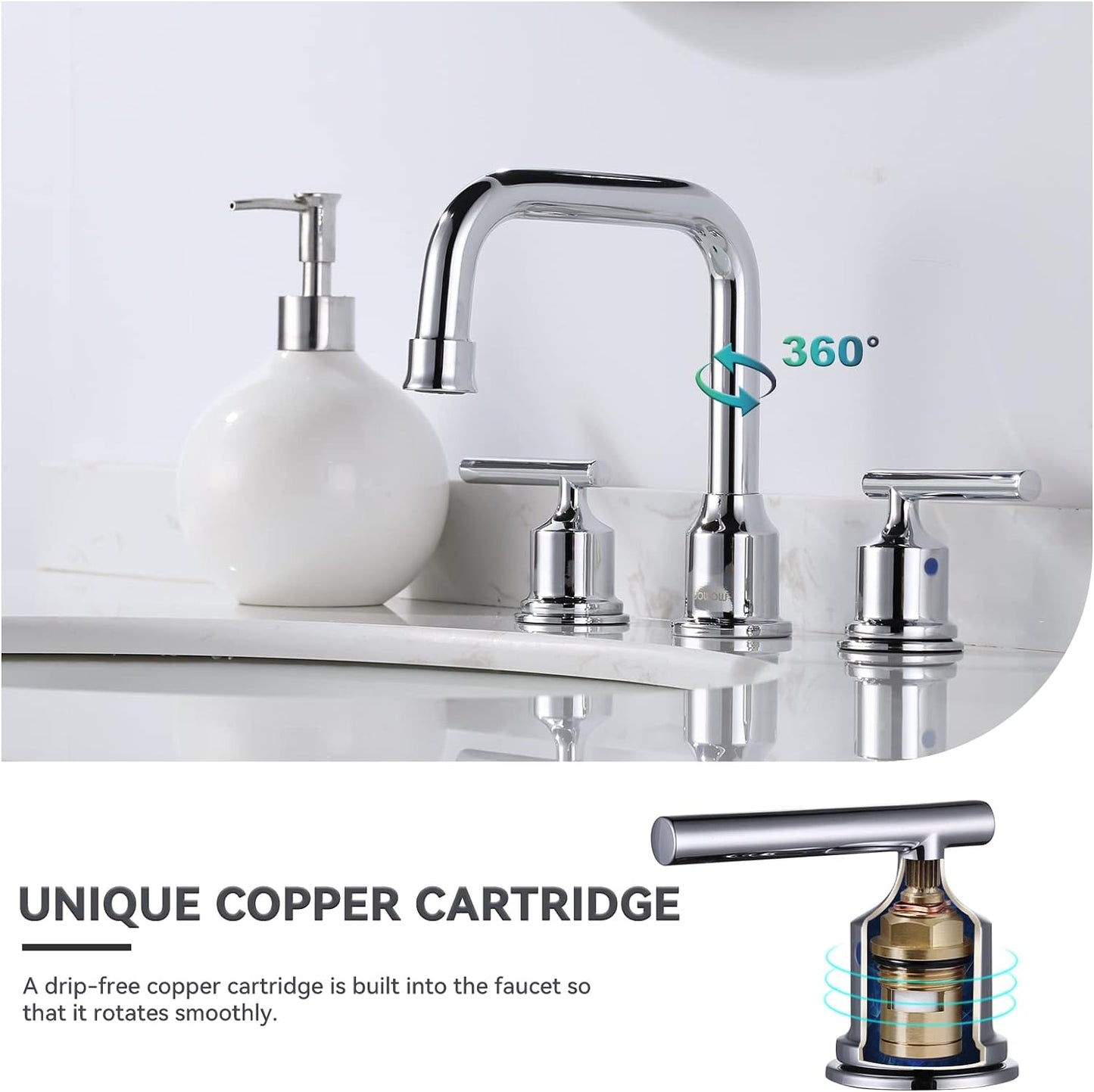 WOWOW Widespread Bathroom Faucet Chrome 8 inch Bathroom Sink Faucet Adjustable 3 Pieces Basin Faucets 360° Swivel Spout Modern Lavatory Faucet Vanity Faucets Water Supply Lines Quick Install Pipe