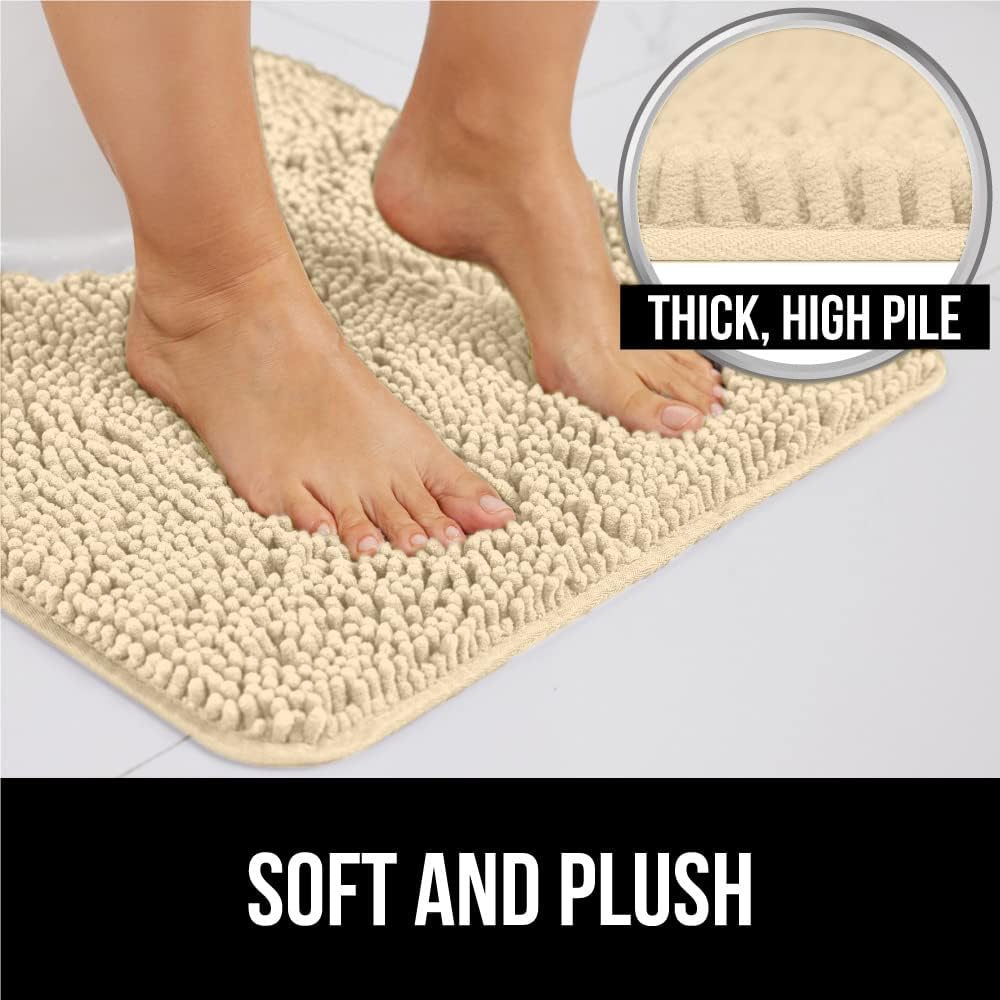 GORILLA GRIP Plush Absorbent Shaggy Chenille Bath Rug Mat for Square Toilet Base with Rubber Backing, Machine Washable Rugs, Soft Microfiber Contour Mats for Toilets, Bathroom Decor, Sand