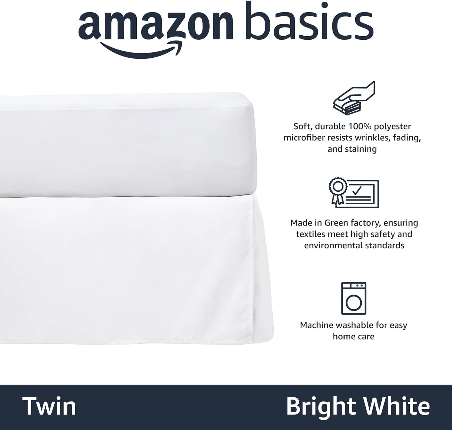 Amazon Basics Lightweight Pleated Bed Skirt, Twin, Bright White, Solid
