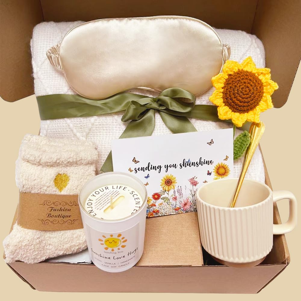 Sunflower Gifts For Women Birthday Gifts for Women Self Care Gift Get Well Soon Baske Spa Gift Care Package Luxurious Flannel Blanket Unique Christmas Gift for Mom Wife Friend Grandma Sister