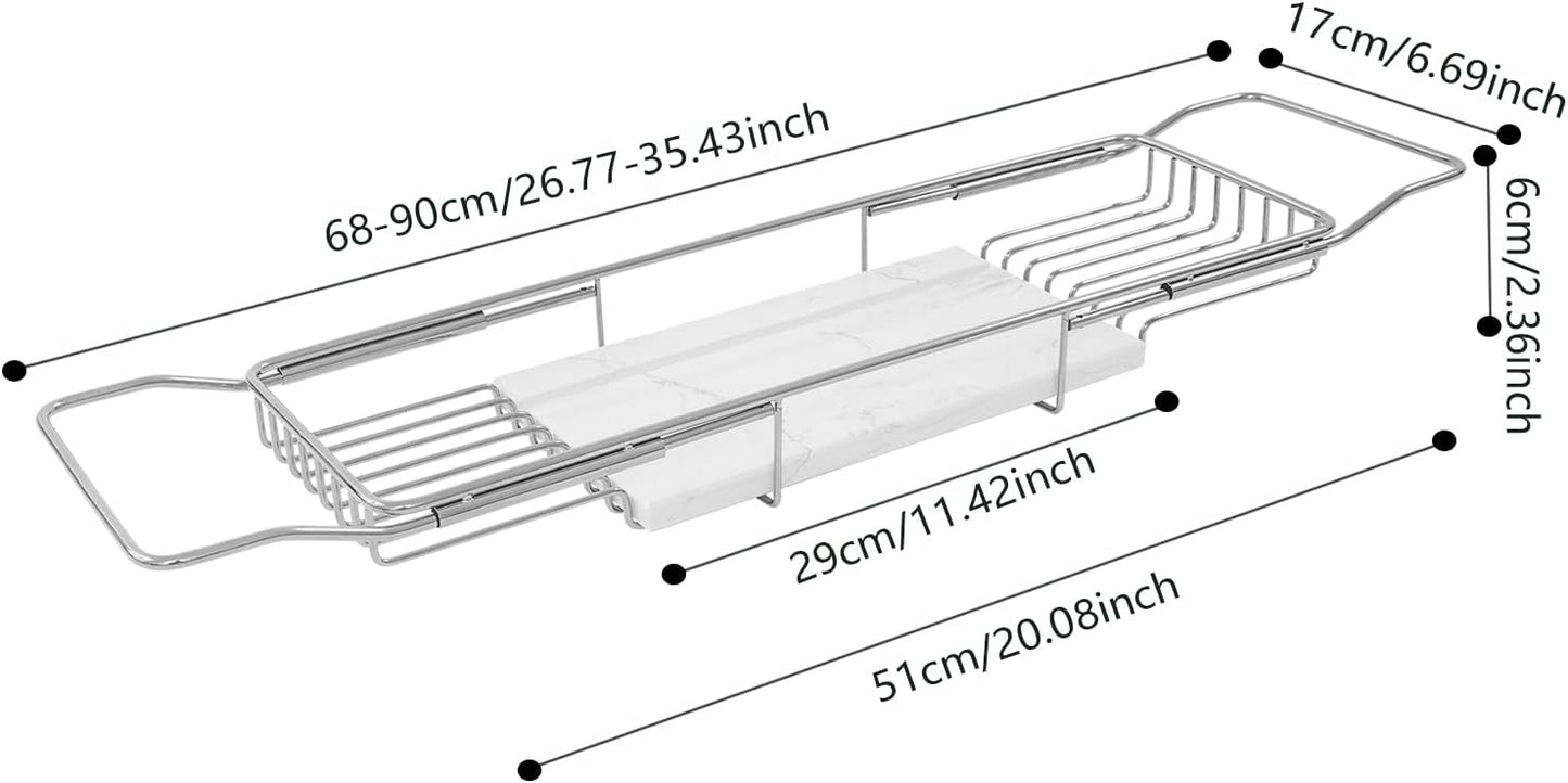 Bathtub Tray Caddy for Luxury Bath, Stainless Steel 26.8-35.4 in Expandable Extra Wide Bath Tub Tray with Natural Marble and Mobile/Tablet Stand, Ideal for Home Spa Lovers (Silver + White)