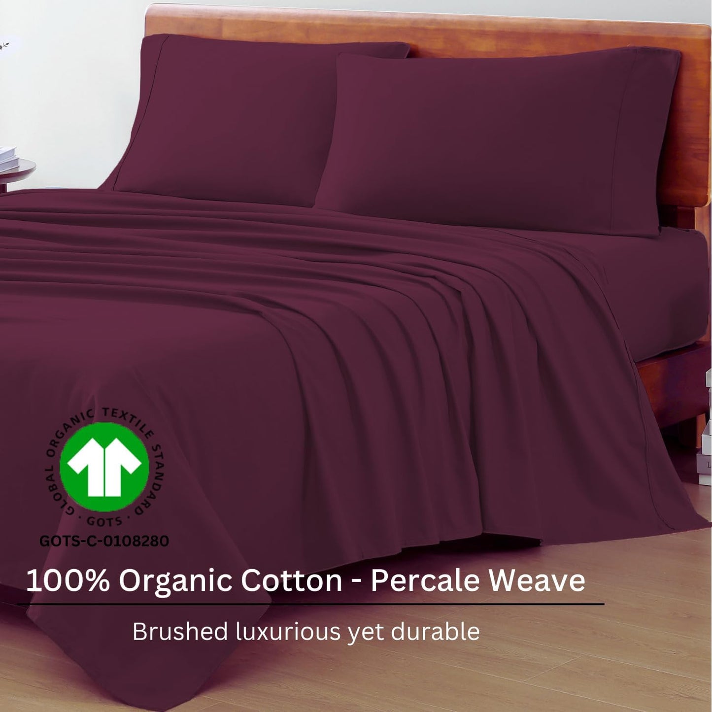 LANE LINEN 100% Organic Cotton Sheets Queen Size, Classic Percale Weave Fully Elasticized Breathable Queen Cotton Sheet Set, Machine Washable Soft & Comfy Queen Sheet Set - Windsor Wine