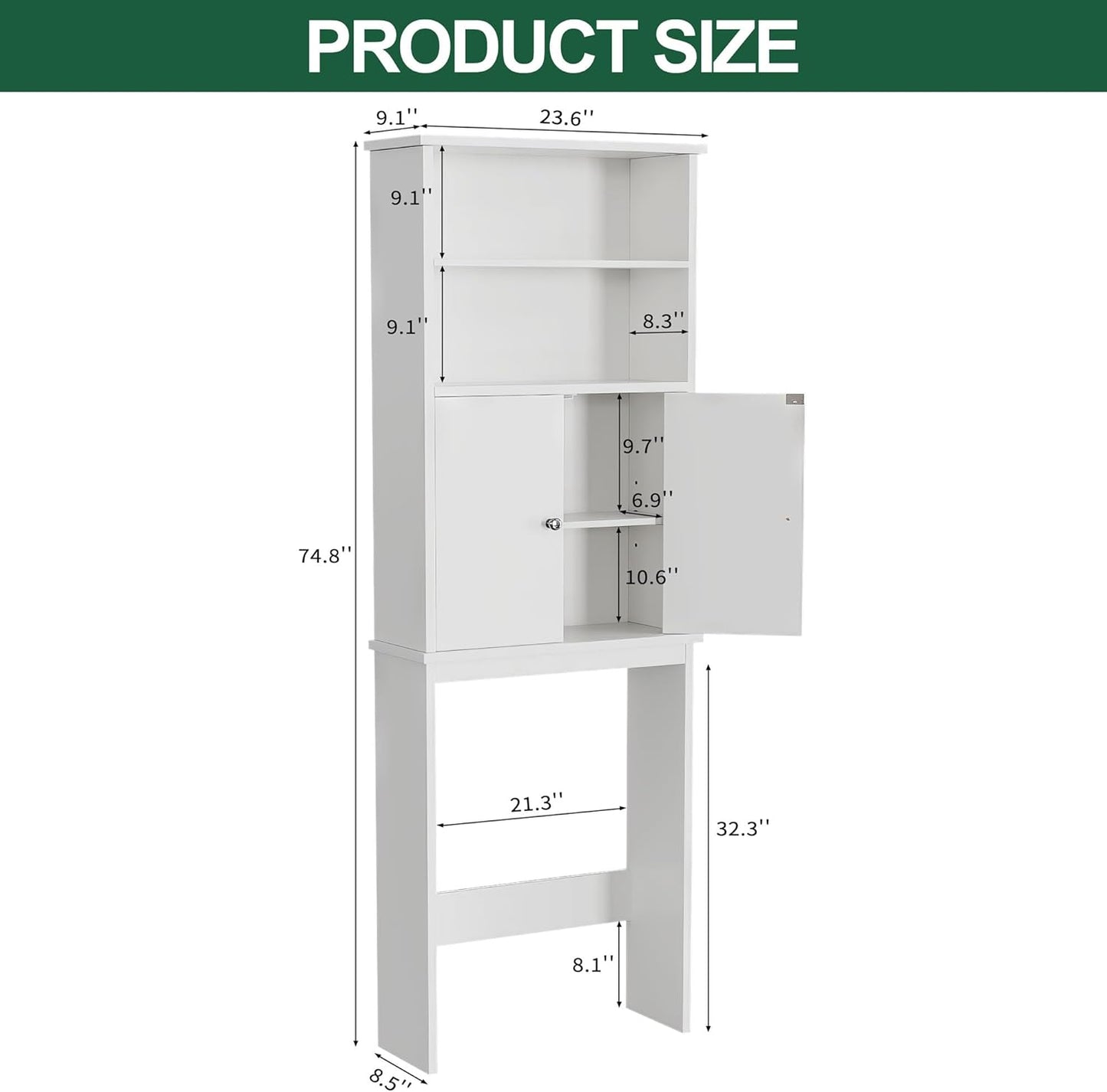 Walsunny Over The Toilet Storage Cabinet, Bathroom Organizer with Open Shelves and Double Doors, Space Saving Toilet Storage, White