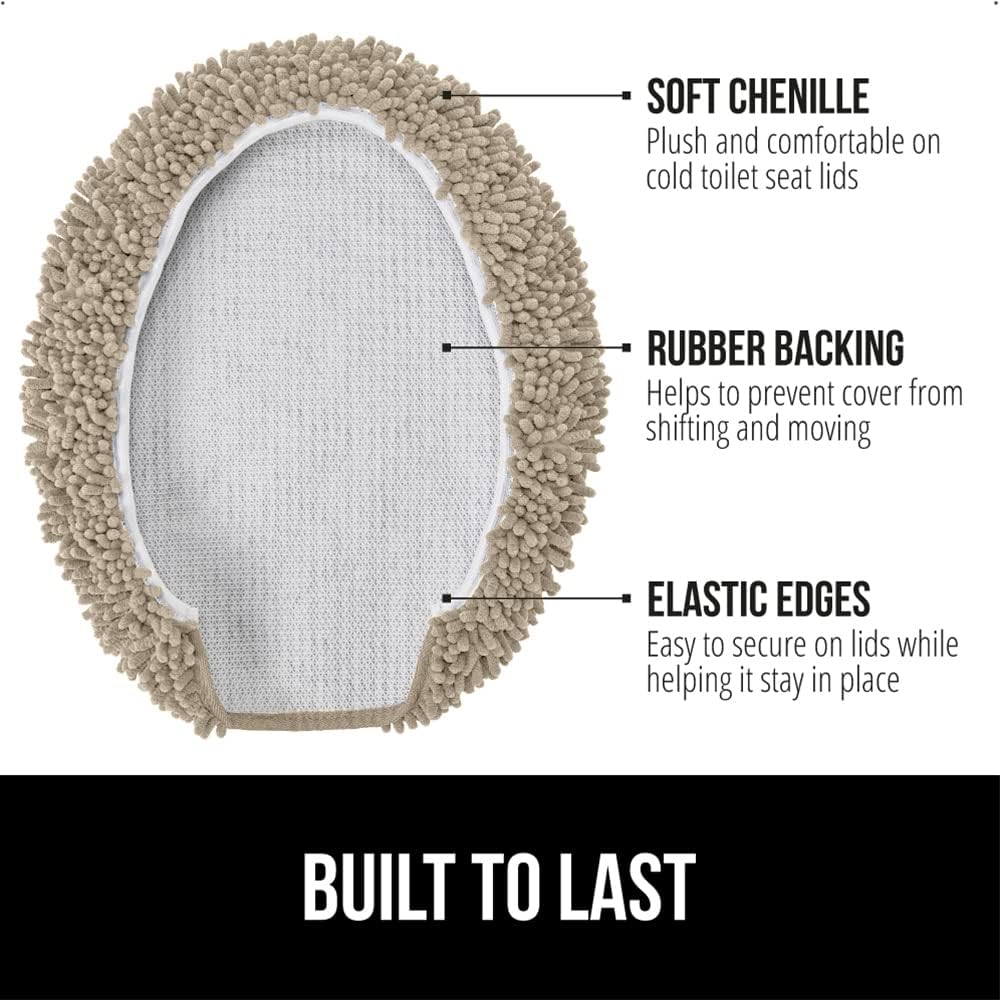 GORILLA GRIP Soft Chenille Bathroom Toilet Lid Cover, Machine Washable Seat Covers, 19.5x18.5, Stays in Place Rubber Backing, Fits Most Round, Elongated and Oblong Lids, Accessories Decor, Gray Beige