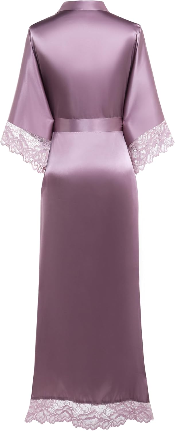 BABEYOND Satin Kimono Robe Silky Long Bridesmaid Wedding Lightweight Bath Robe with Lace Trim