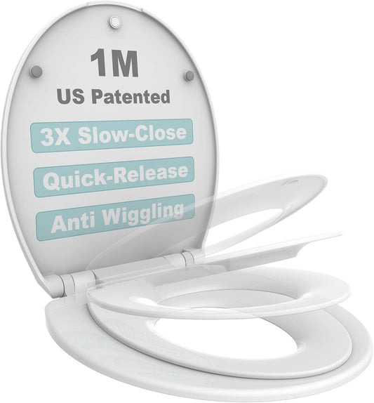 1M Family Toilet Seat, Patented Slow Close & Quick Releasing Technology, Anti-Wiggling, Easy to Install and Clean, Standard Round with Toddler Seat Built In (2 Pieces)