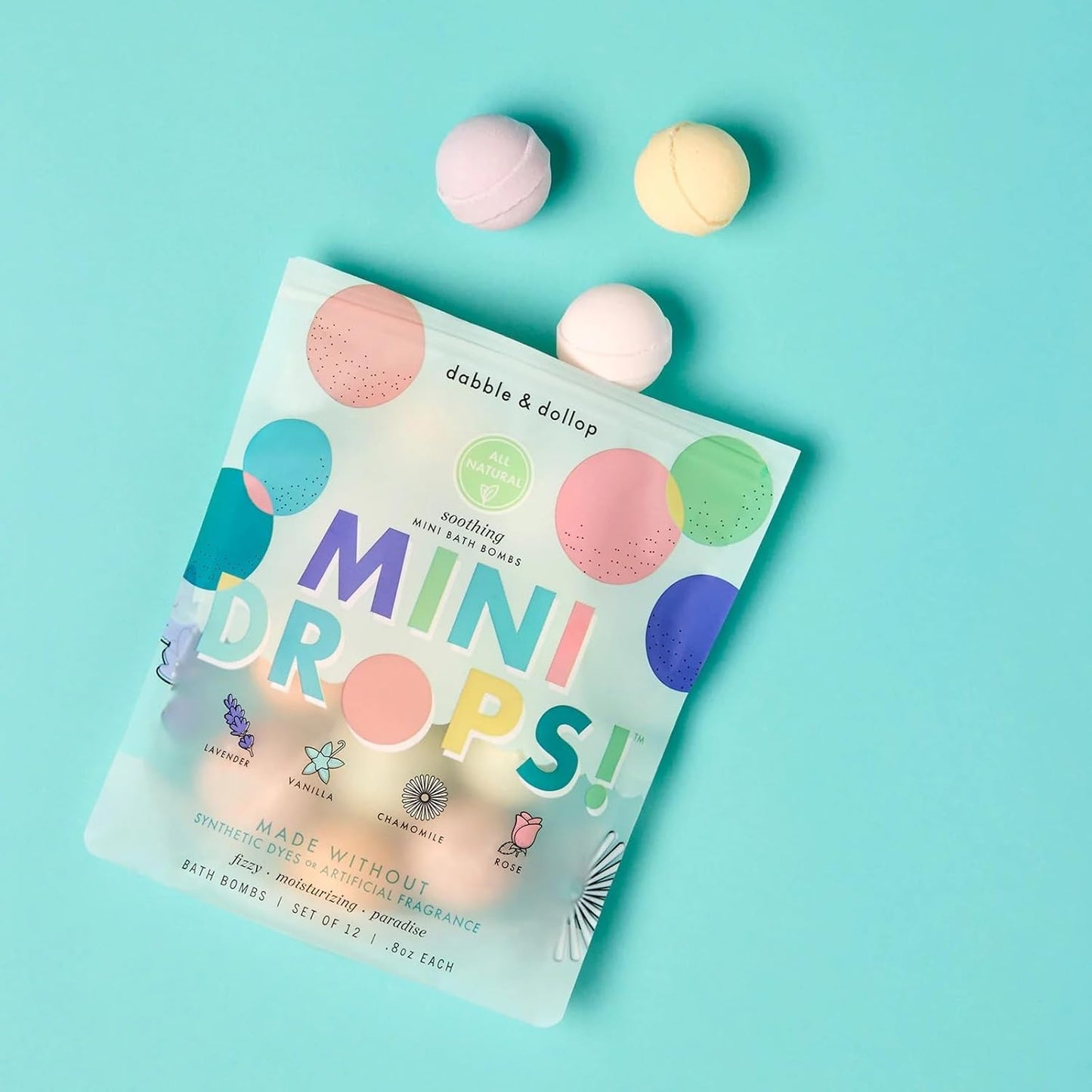Dabble & Dollop Mini Bath Bombs, 100% Natural Droplets for Kids, Soothing Scents - Resealable Pouches, Fizzy, Moisturizing & Fun, Vegan, Gluten-Free, Cruelty-Free (Set of 24)