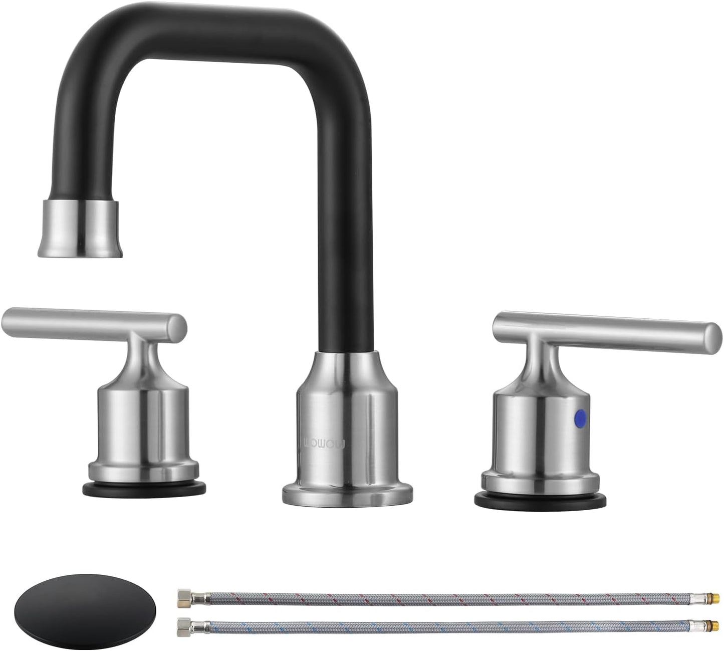 WOWOW 3 Hole Bathroom Faucet Widespread Bathroom Sink Faucet 8 inch, 3 Piece Vanity Tap with Drain, Brushed Nickel and Matte Black Tall Basin Tap 2 Handle