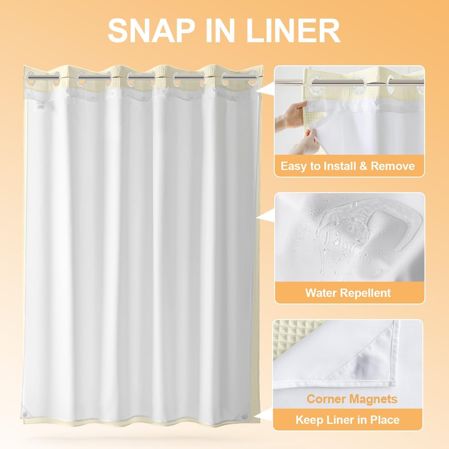 River Dream Cotton Blend Shower Curtain with Snap in Liner, Cream No Hook Shower Curtains for Bathroom, Hotel Grade, Water Repellent, 71" W x74 L