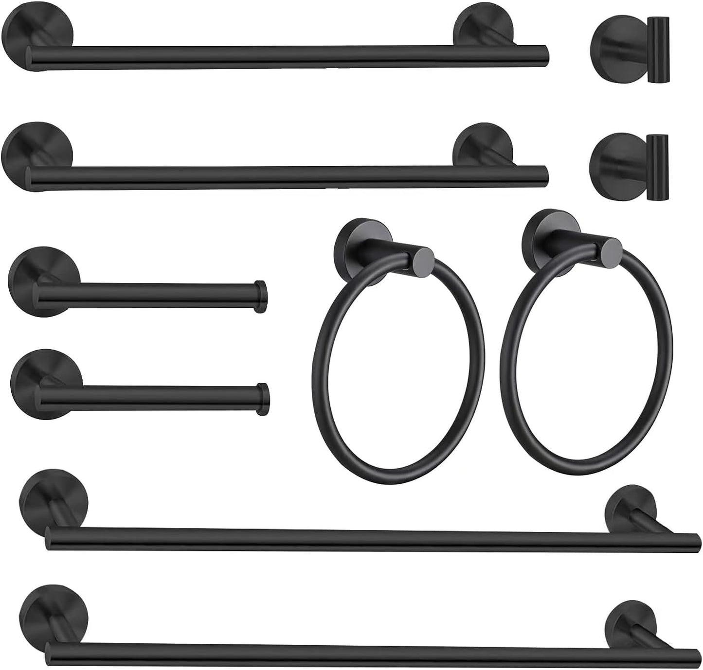 10Pcs Bath Towel Bar Set, Includes 23.6 & 16 Inch Towel Bars, Hooks, Rings & Toilet Paper Holder - Black