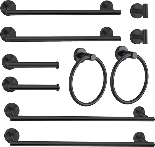 10Pcs Bath Towel Bar Set, Includes 23.6 & 16 Inch Towel Bars, Hooks, Rings & Toilet Paper Holder - Black