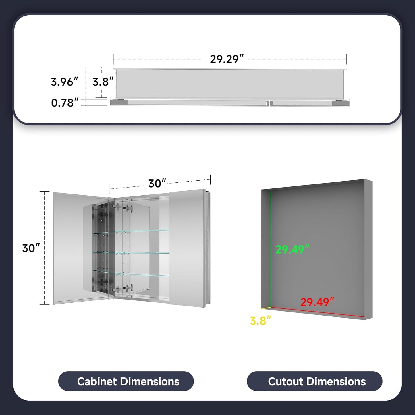 Medicine Cabinet 30" x 30", Bathroom Medicine Cabinet with Mirror, Recessed Medicine Cabinets with Adjustable Shelves, Soft-Closing Door, and Aluminum Alloy Frame - Reverse Installation, Silver