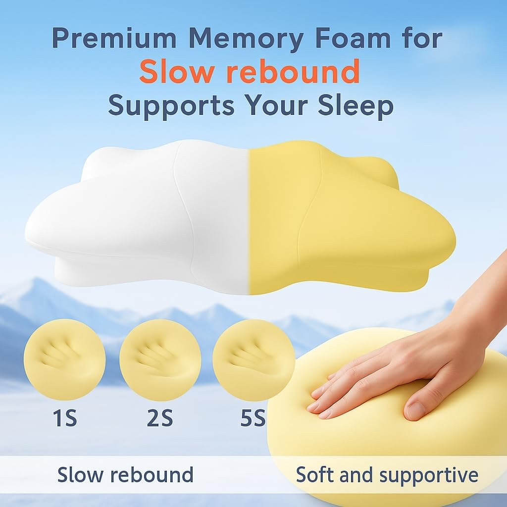 Dual-Height Cervical Neck Pillow for Pain Relief, Memory Foam Pillows with Cooling Tech -3D Ergonomic Support, Cooling Cover, for Side/Back/Stomach Sleeper Pillow, Minimalist Style - White