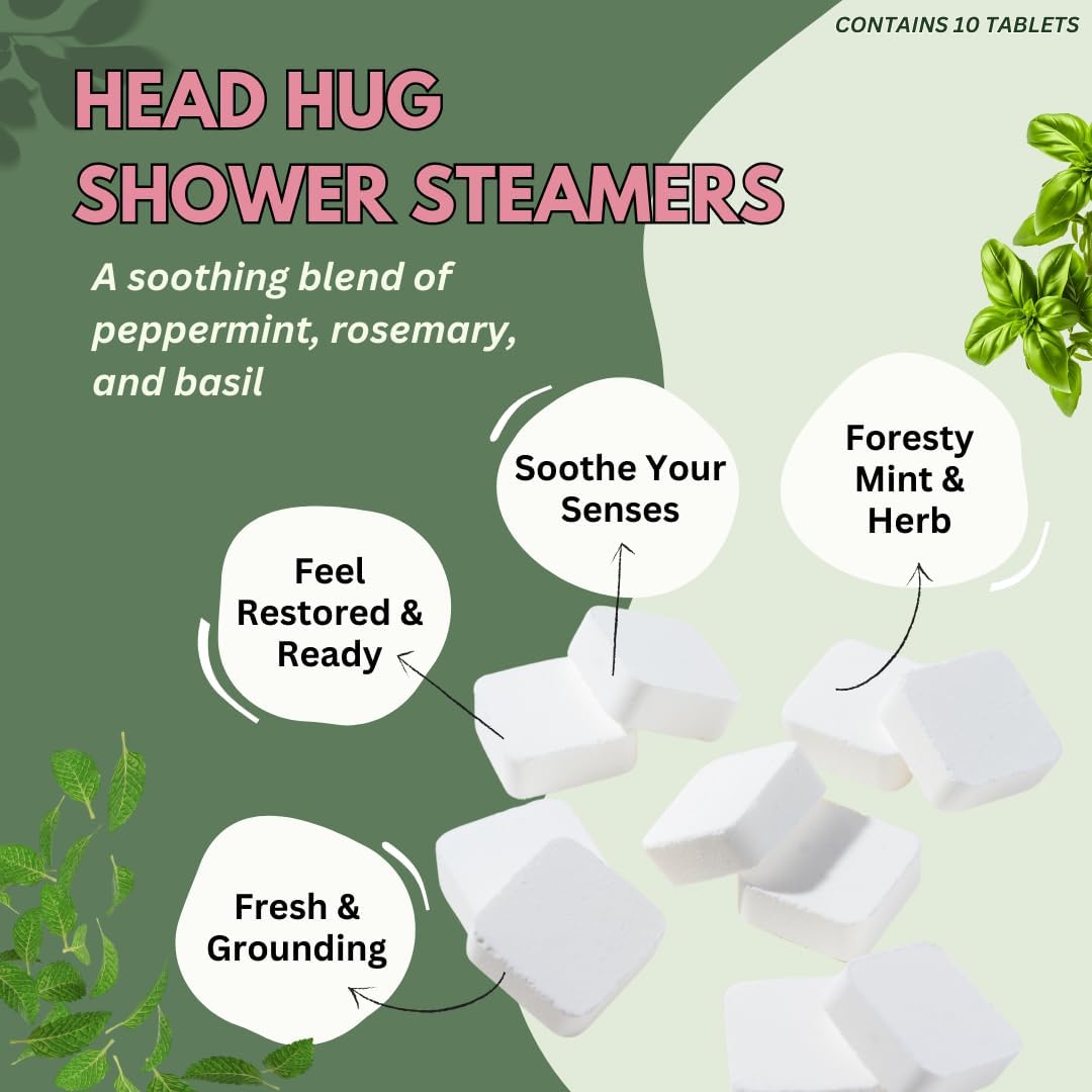 Head Hug Shower Steamers Aromatherapy for Relief - Christmas Gift - Adult Stocking Stuffer - USA Made - Peppermint & Rosemary Shower Bomb Tablets - Soothing Natural Essential Oils (10 Pack)