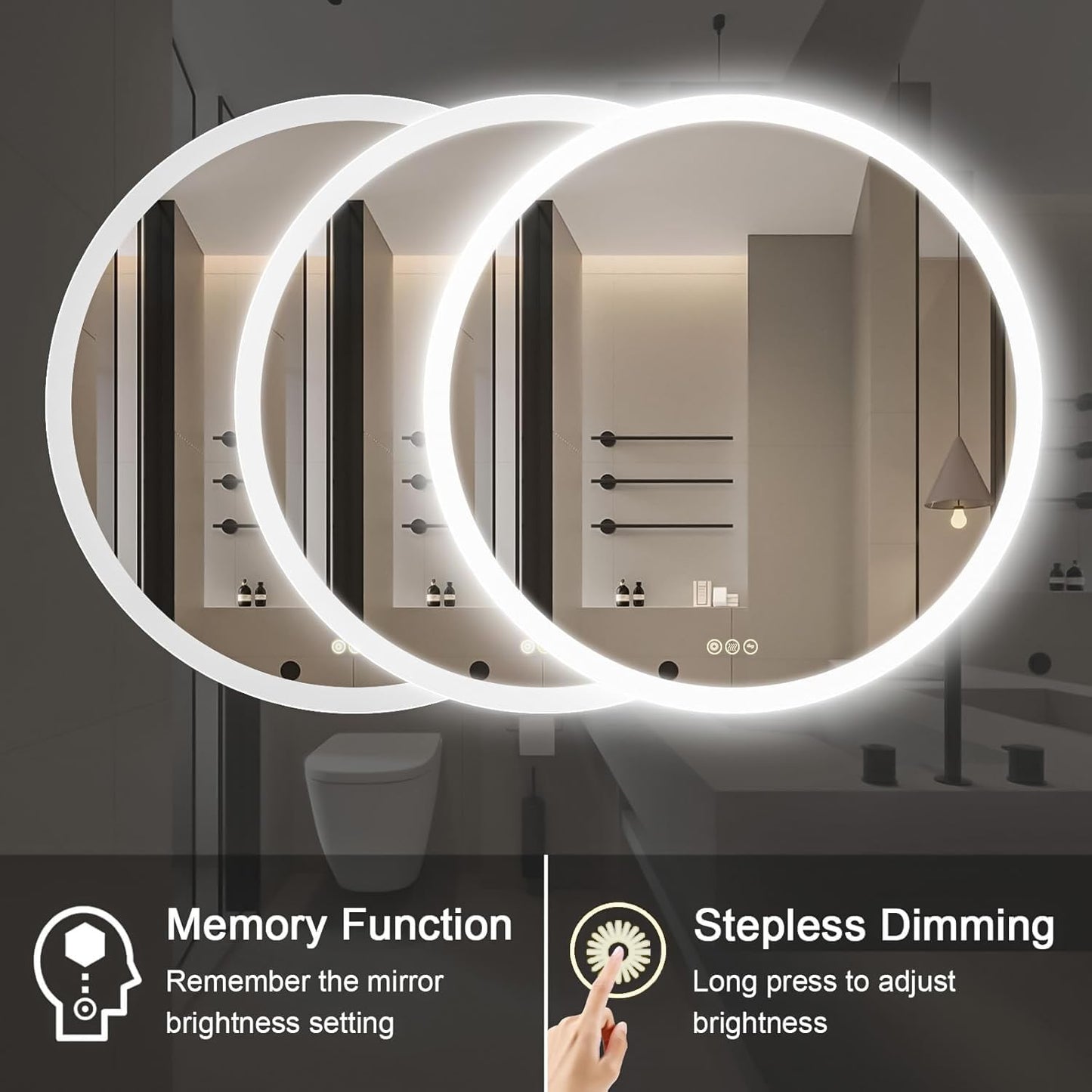 Wall-Mounted LED Round Bathroom Mirror, Makeup Mirror (32 inches x 32 inches,) 3 Color Stepless Dimmable Memory Bathroom Vanity Mirror with Lights CRI90+ 3000-6400K Smart Mirror with Touch