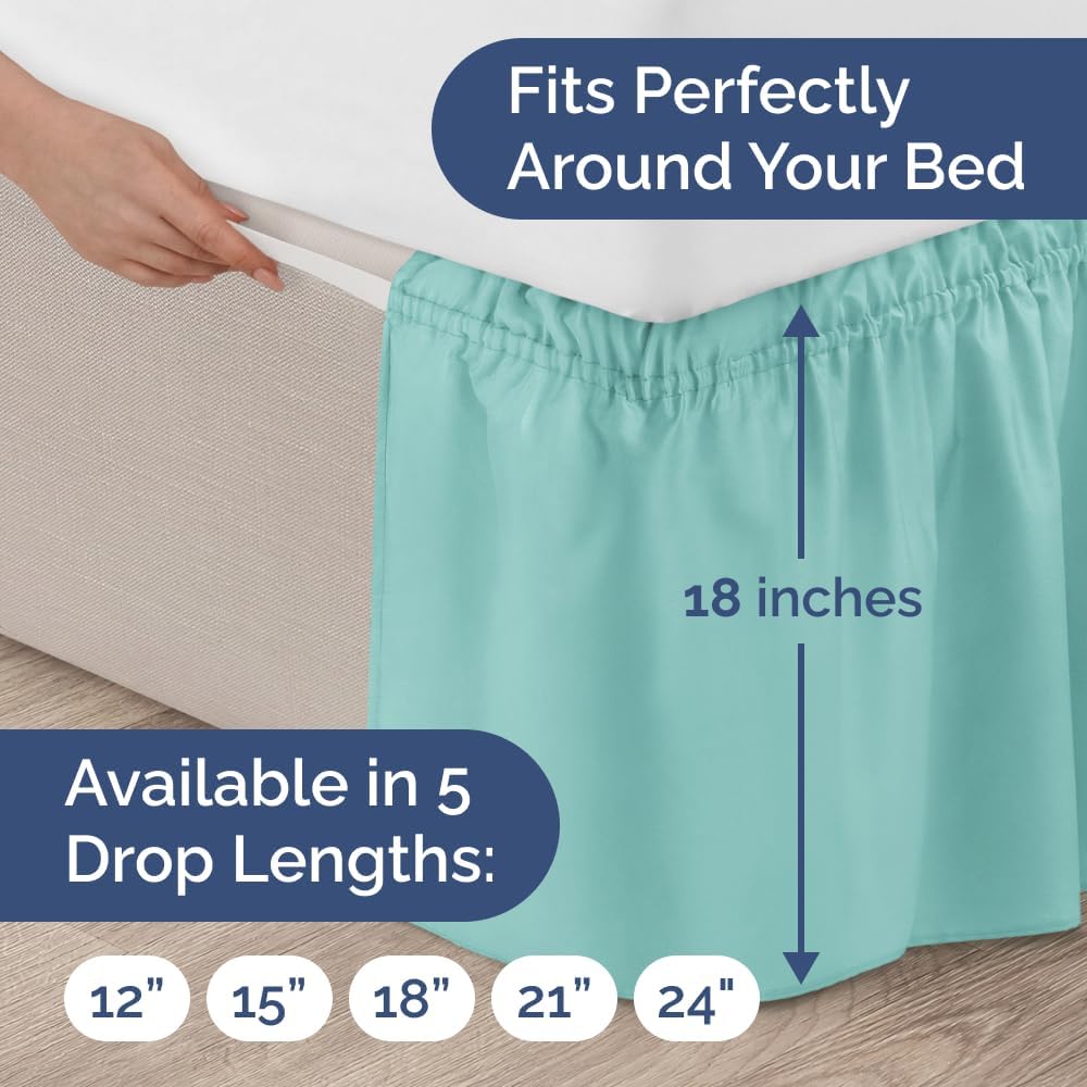Wrap Around Dust Ruffle Bed Skirt - Spa Blue - for King Size Beds with 18 Inch Drop - Easy Fit Elastic Strap - Adjustable Pleated Bedskirt w/Brushed Fabric Wrinkle Free - for Women, Men, Kids & Teens