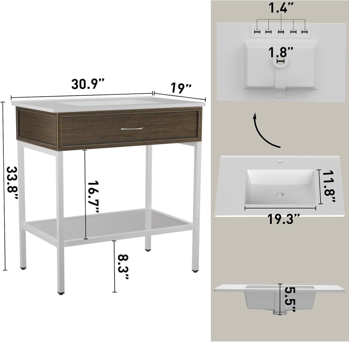 30 Inches Bathroom Vanity with Resin Sink, Single Sink Modern Cabinet Set, Stainless Steel Frame with Tempered Glass Open Shelf, Freestanding Bathroom Storage Cabinet Combo, White