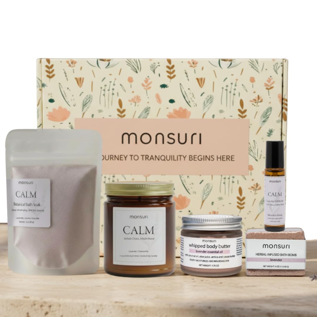 Lavender Relaxation Gifts for Women | Home Spa Kit with 5 Self Care Products for Deep Relaxation with Aromatherapy Candle, Bath Bomb, Soak, Body Butter & Roller. Lavender Gifts for Women Self Care.
