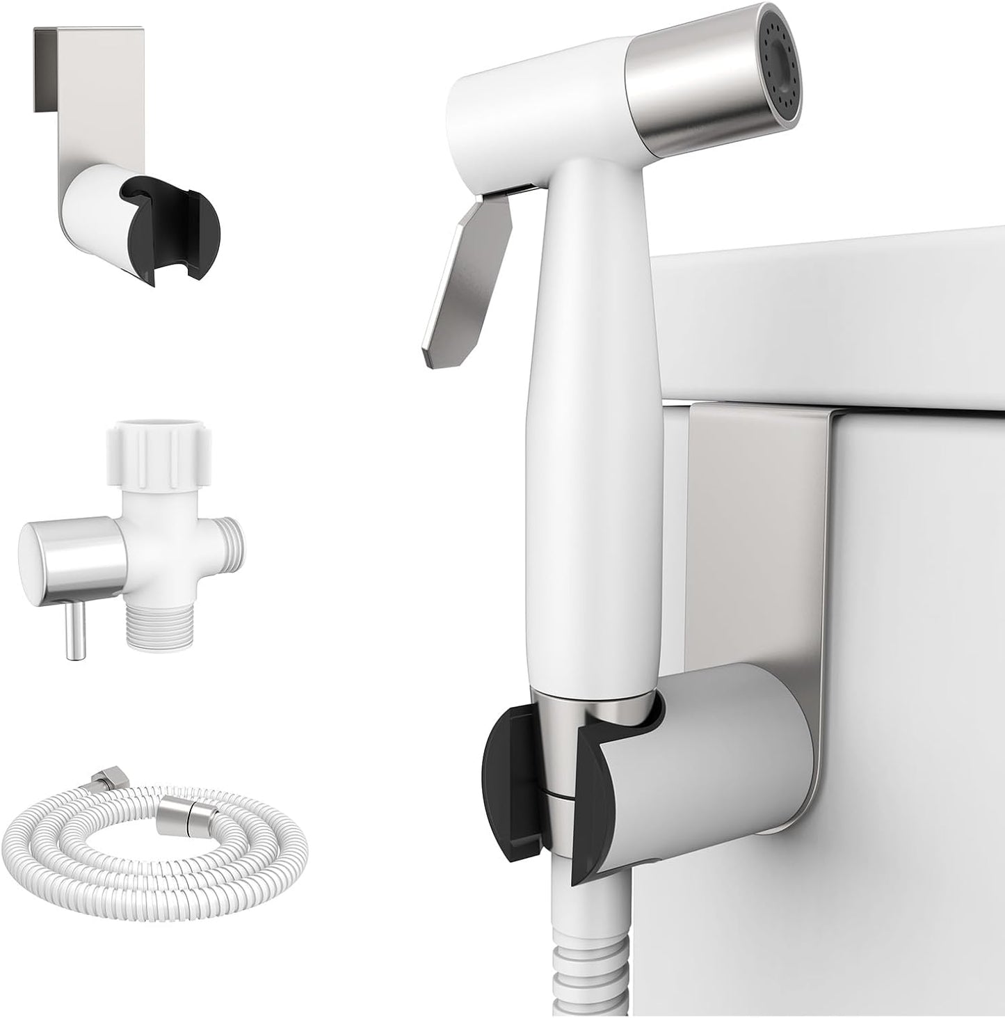 Arofa Handheld Toilet Bidet Sprayer for Toilet-Adjustable Water Pressure Control with Bidet Hose for Feminine Wash, Stainless Steel Jet Spray Cloth Diaper for Baby Wash - White/Brushed Nickel