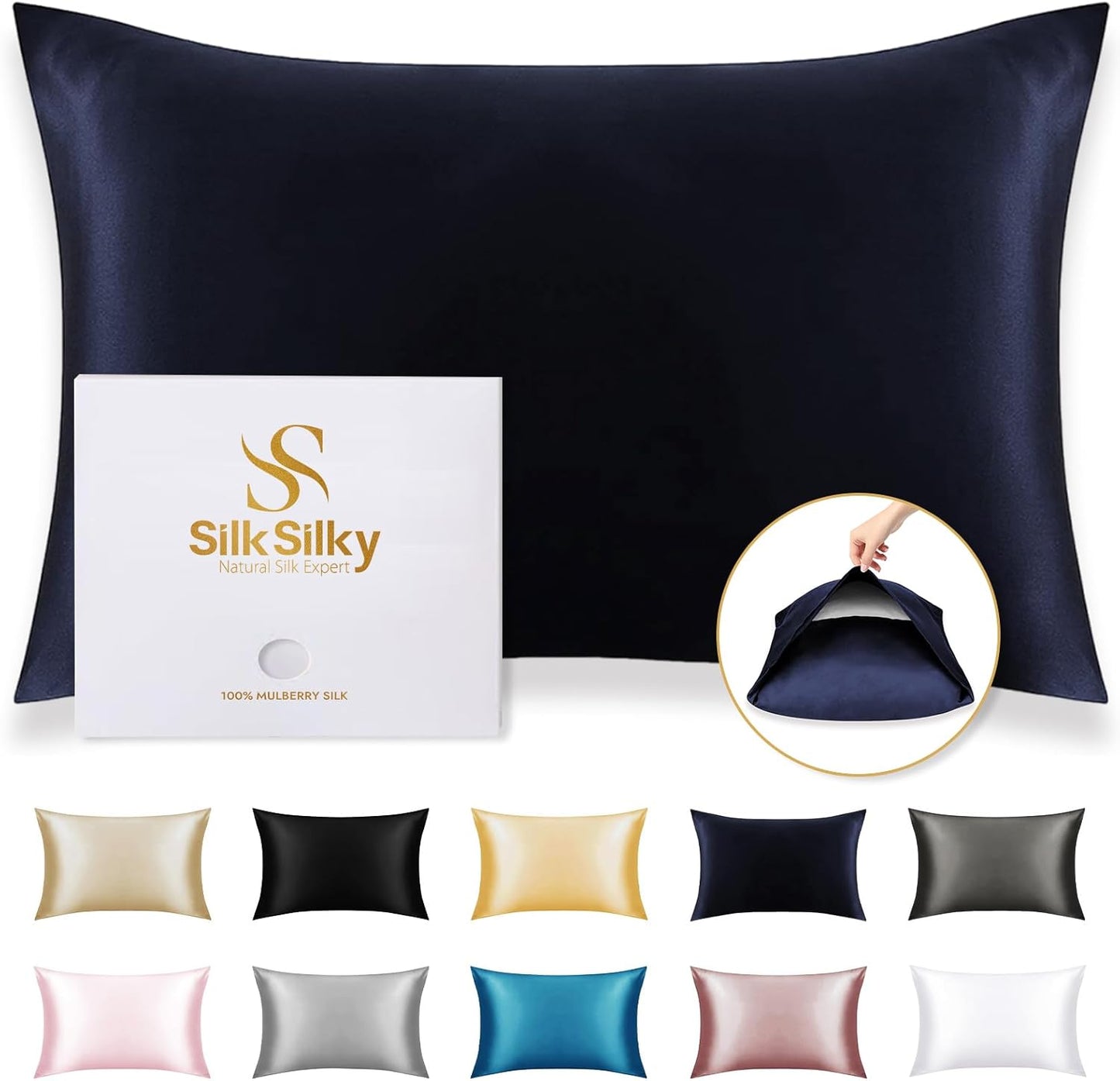 SilkSilky 100% Mulberry Silk Pillowcase - Pure 22 Momme High-Grade 6A Fibers for Hair & Skin, Envelope Closure, Natural, Organic, Breathable & Cooling Pillow Case (Queen, Dark Blue)