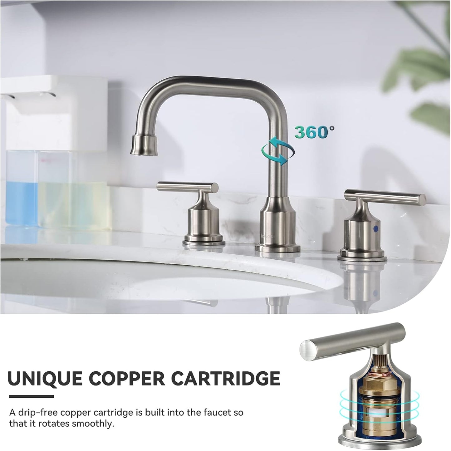 WOWOW 2 Handles 8 inch Widespread High Arc Bathroom Faucet Brushed Nickel Lavatory Faucet 3 Hole 360°Swivel Spout Modern Sink Basin Faucets