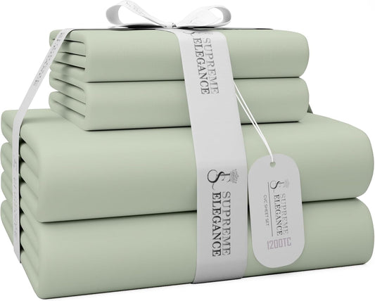 1200 Thread Count King Pastel Green Sheet Set, Hotel Luxury Cotton Rich Ultra Soft Sateen Sheets, Easy Care Bed Sheet Set with Deep Pocket (1 Flat Sheet, 1 Fitted Sheet & 2 Pillowcases)