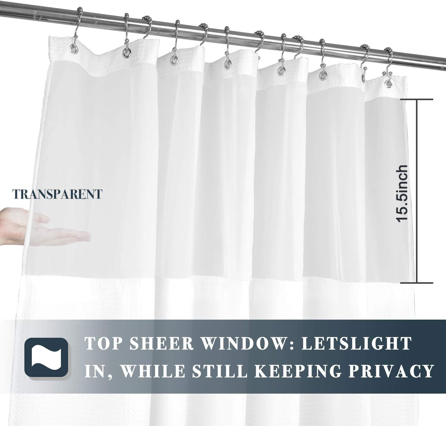 N&Y HOME Extra Long Waffle Weave Shower Curtain with Snap-in Fabric Liner Set, 12 White Hooks Included - 71" x 84", Hotel Style & Mesh Top, Machine Washable & Water-Repellent - 71x84, White