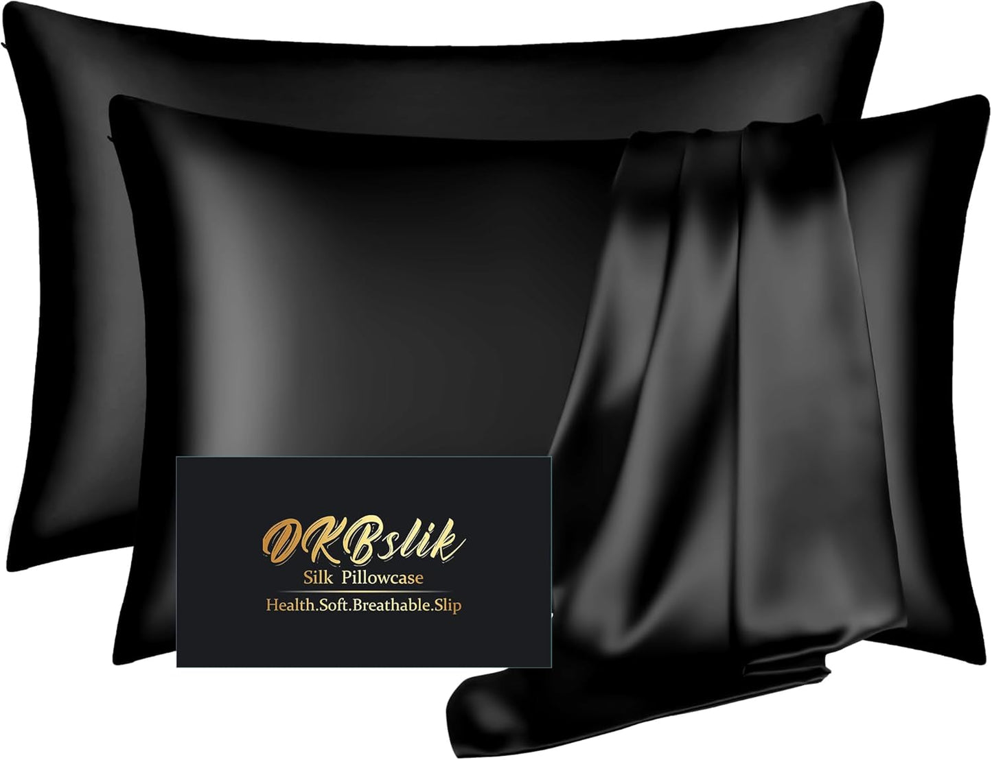 Silk Pillow Cases 2 Pack, Mulberry Silk Pillowcases Standard Set of 2, Smooth, Anti Acne, Both Sides Natural Silk Satin Pillow Cases for Sleeping Women 2 Pack with Zipper, Black