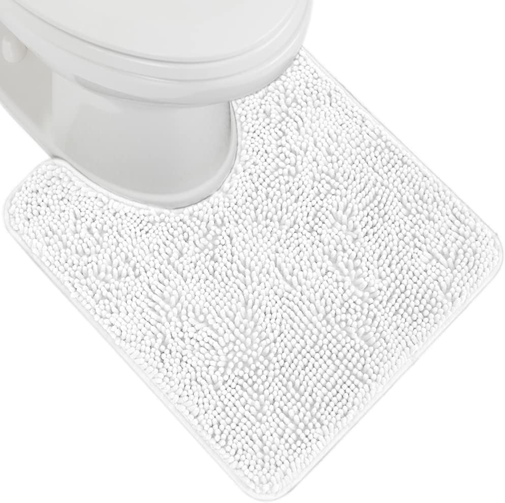 GORILLA GRIP Plush Absorbent Shaggy Chenille Bath Rug Mat for Oval Toilet Base with Rubber Backing, Machine Washable Rugs, Soft Microfiber Contour Mats for Toilets, Bathroom Decor, White