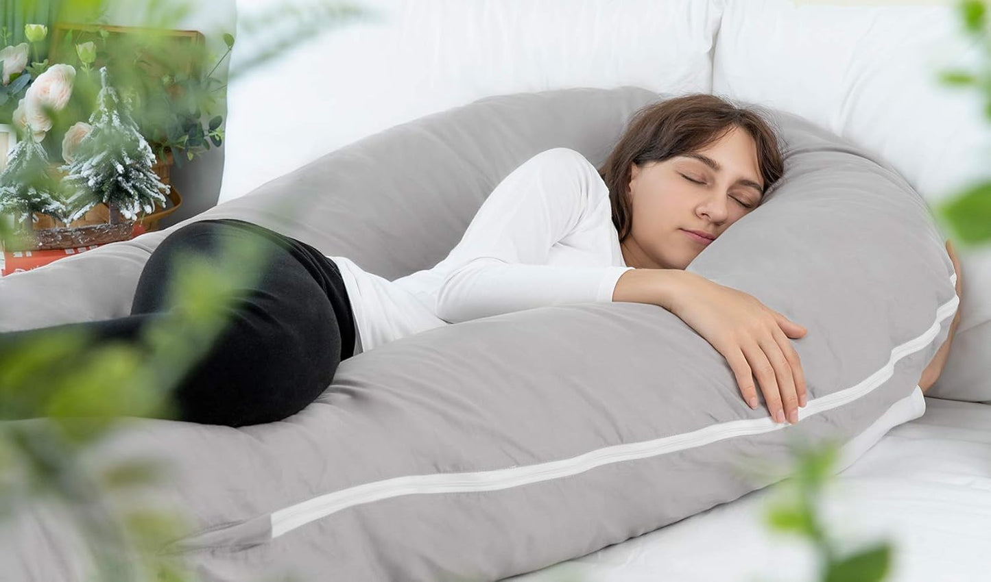 Meiz Pregnancy Pillows for Sleeping, Full Body Pregnancy Pillow with 300TC Comfy Pillowcase & Microfiber Inner Cover- for Back Support - 65 Inch (Grey)