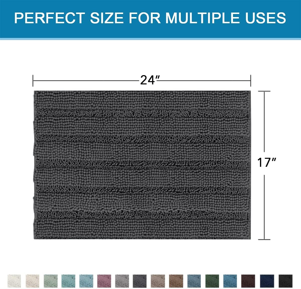 H.VERSAILTEX Bathroom Rugs Bath Rugs Non Slip Bath Mats Extra Thick Chenille Striped Rug 17" x 24" Absorbent Soft Shaggy Washable Dry Fast Bath Mats for Bathroom Floor - Grey