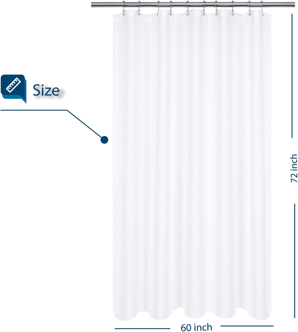 Fabric Shower Curtain 60 x 72 inch, Waffle Weave, Hotel Luxury Spa, 230 GSM Heavyweight, Water Repellent, Machine Washable, White Pique Pattern Decorative Bathroom Curtain