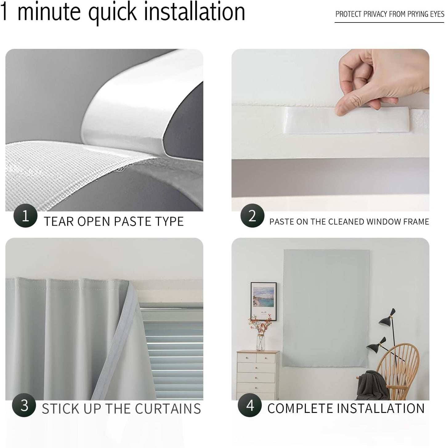 self Adhesive Curtains Portable Blackout Curtain Simple and Easy to Install Bedroom Window Thermal Lnsulated Kitchen Room Darkening Black Small Drapes, 59" W X 71" L, White, 1 Panel