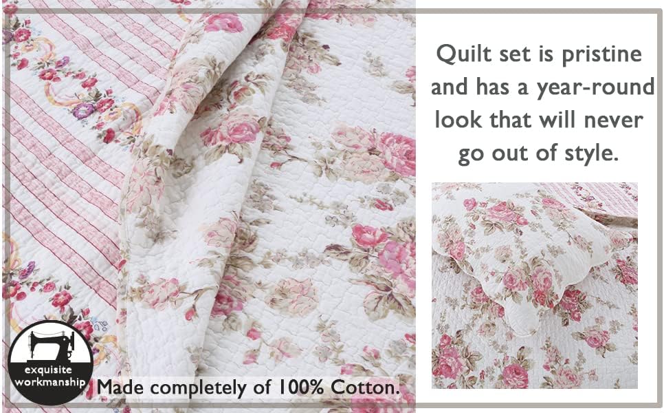 Cozy Line Home Fashions Romantic Pink Peony Floral 100% Cotton Reversible Quilt Bedding Set, Coverlet, Bedspread (Pink Peony, Queen - 3 Piece)