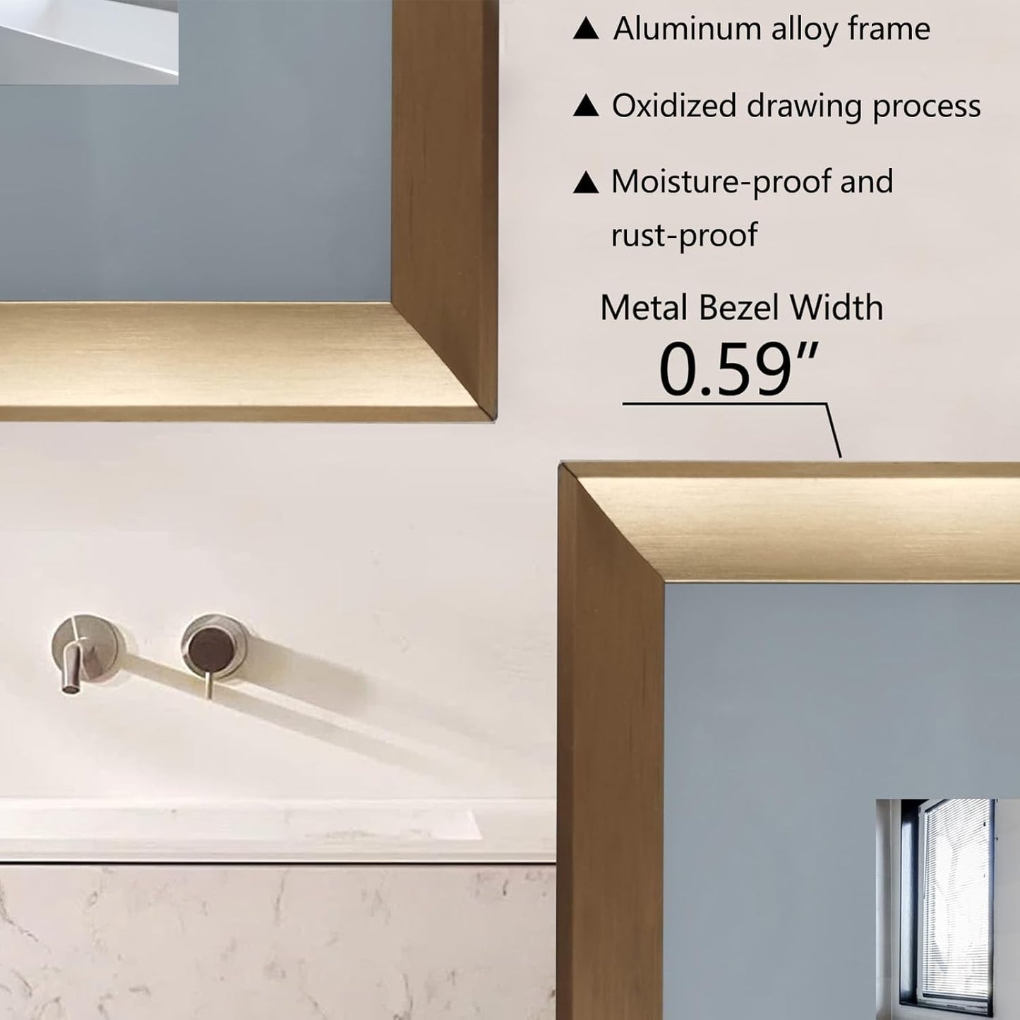 24 X 32 Gold Bathroom LED Mirror – Frontlit & Backlit Vanity Mirror with Antifog & Shatter Proof Tempered Glass, Aluminium Frame Bathroom Mirror, Comes with 3 Colour Lights Option