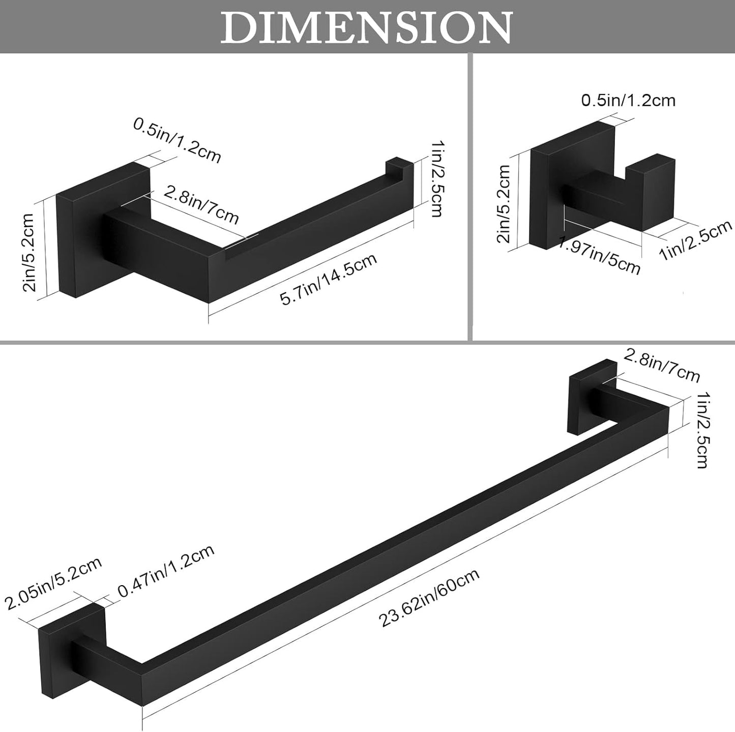 Ralbay 24" Matte Black Towel Bar 3-Pieces Set SUS 304 Stainless Steel Square Style Wall Mounted Towel Rack Set, Includes 24" Towel Single Bar, Toilet Paper Holder, Robe Towel Hook