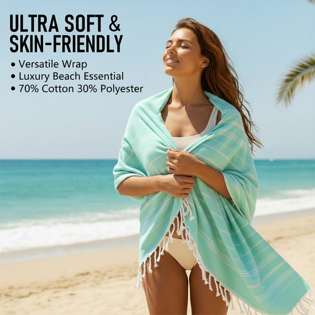 6 Pack Cotton Turkish Beach Towel Lightweight Thin Travel Vacation Essentials Oversized XL Towels Set for Pool Swim Bath Camping Cruise Accessories Must Haves Absorbent Quick Dry Sand Proof Gifts