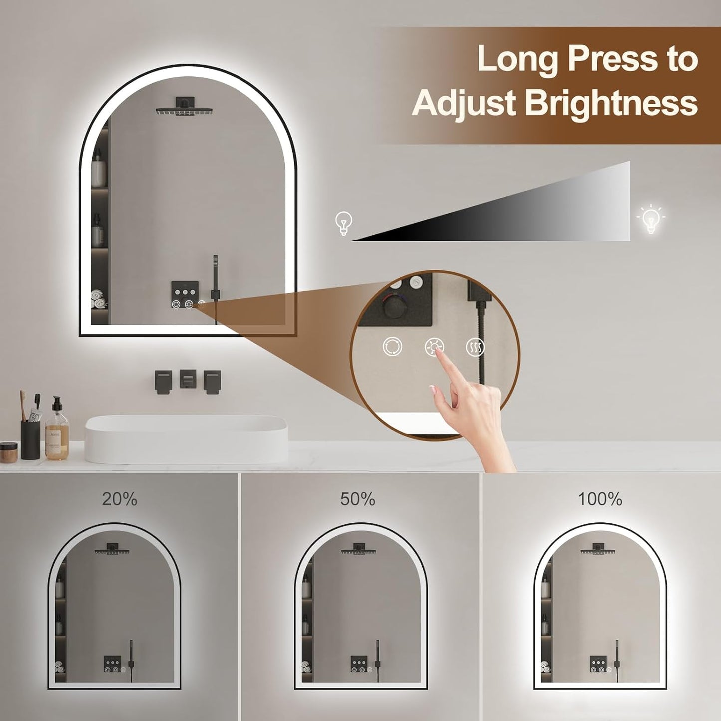 Arched LED Mirror for Bathroom 24"x30", Black Lighted Bathroom Mirror with Lights-Fogless, Dimmable, 3 Color Changing, Shatterproof, Touch Sensor