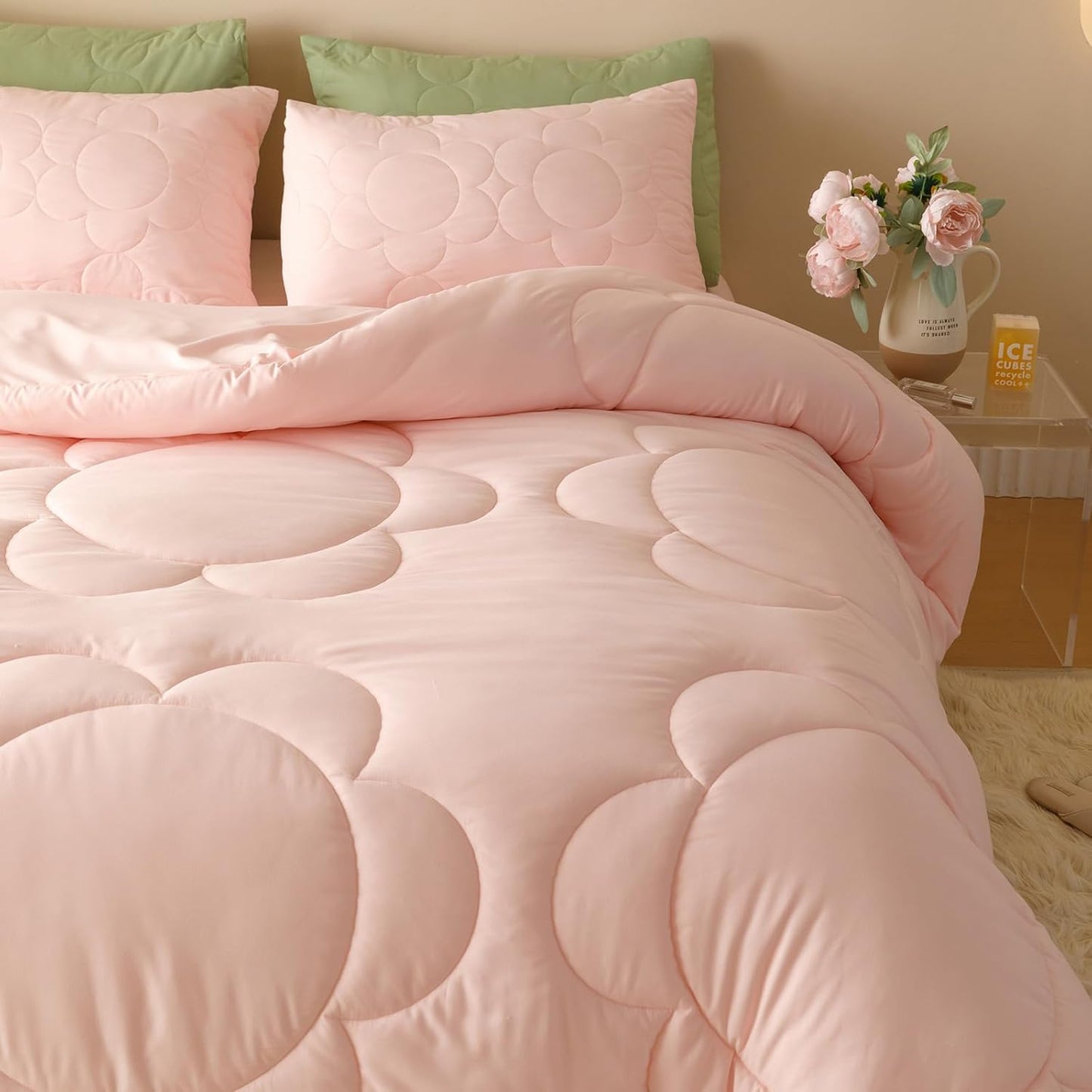 KAREVER Pink Flower Comforter Twin Pink Sunflower Print Bed Twin Comforter Set 3 Pieces Dark Pink Floral Comforter Set for Boys Girls Teens Bedroom Decor All Season Hotel Quality Comforter Set