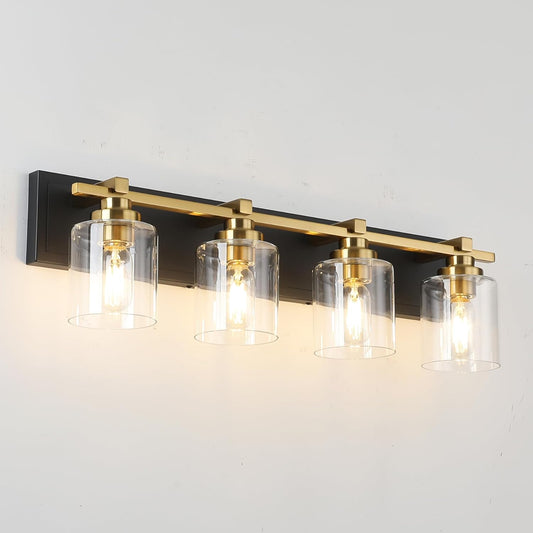 4 Light Modern Bathroom Light Fixtures Over Mirror, Black Gold Vanity Lights for Bathroom Wall Sconces with Clear Glass Shades, E26 Socket (Bulbs Not Included)