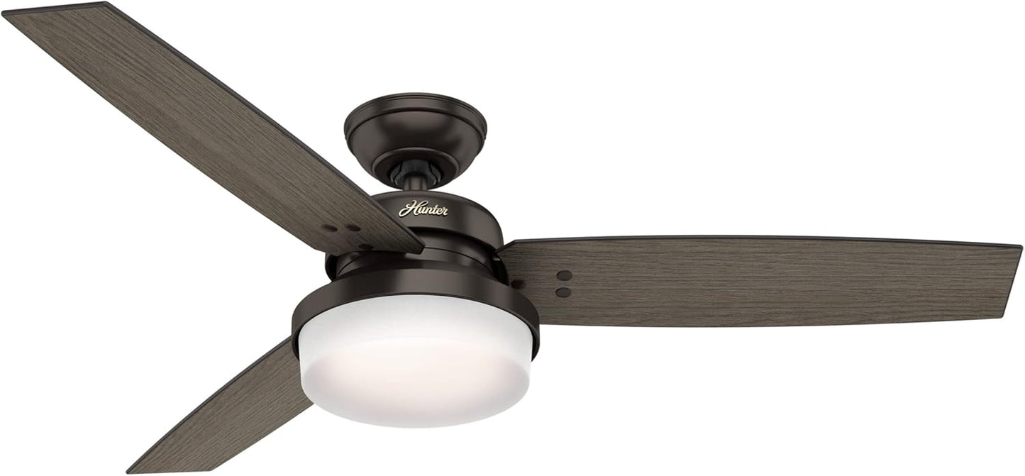 Hunter 52 inch Indoor Ceiling Fan with LED Light and Remote Control - Bronze Ceiling Fan, Standard Mount, 3 Blades, For Bedroom, Living Room, or Kitchen - Sentinel 59210, Premier Bronze