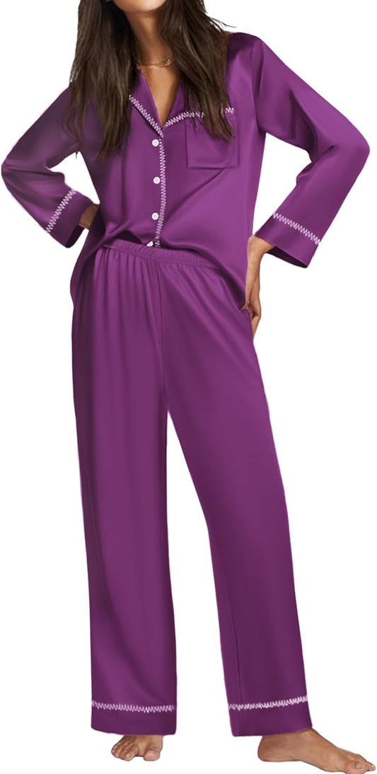 Ekouaer Satin Pajama Set for Women Silky Sleepwear Long Sleeve Top and Pants Button Down Pjs Lounge Set