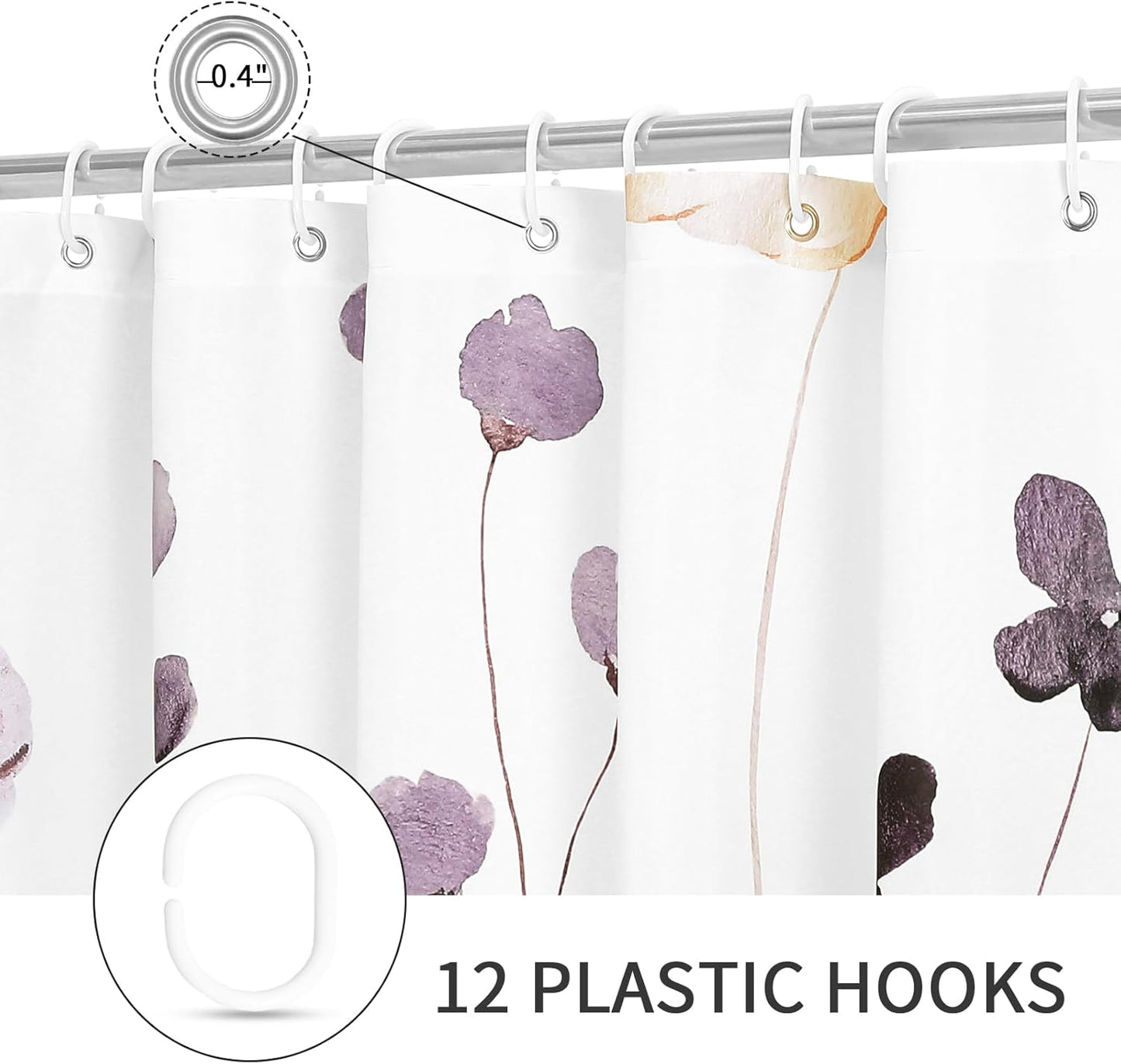 Gibelle Long Shower Curtain 72 x 78, Watercolor Floral Fabric Shower Curtain, Plum Beige Flower Decorative Bathroom Shower Curtain Set with Hooks