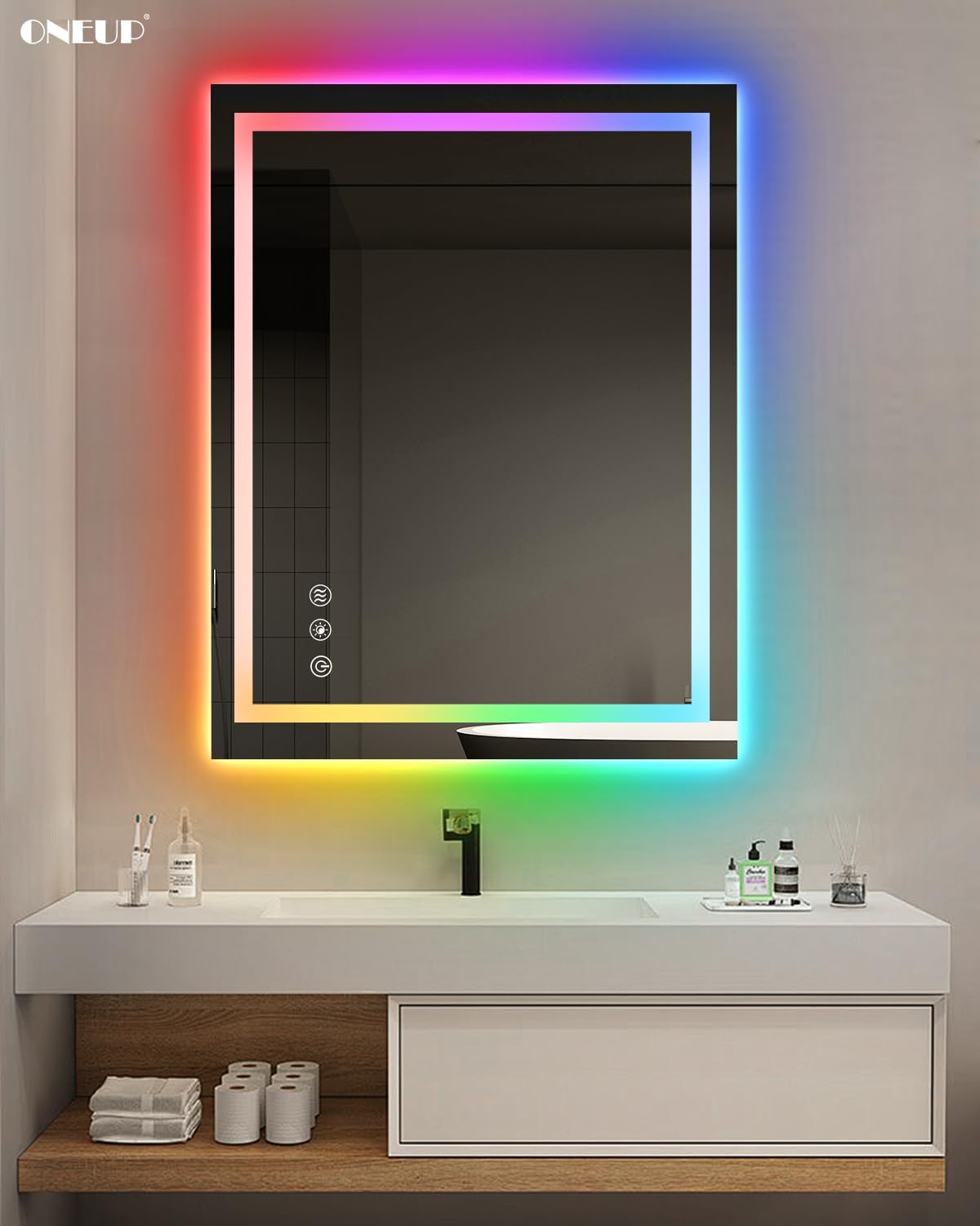 oneup 28x36'' RGB Bathroom Mirror with Lights,RGB Color Changing LED Bathroom Mirror for Wall,Lighted Vanity Mirrors,Dimmable,Anti-Fog,IP54 Waterproof